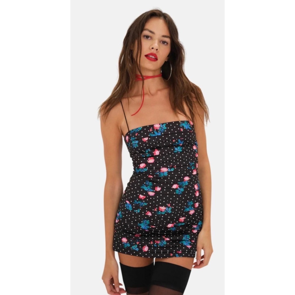 For Love & Lemons Posey Dress Women XL Black Floral Polka Dot Pleated Mini NEW